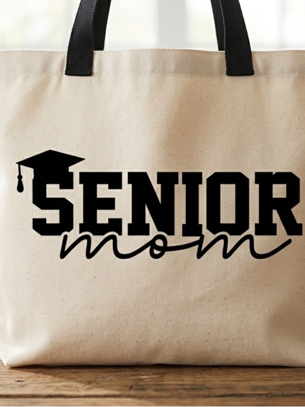 Canvas 'Senior Mom' Tote Bag in Natural with Black Print 19“ x 14“